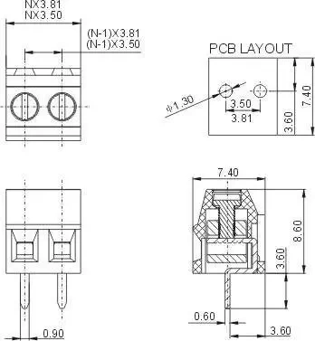 Złącze śrubowe 2 pola, raster 3.81, h=8.6mm