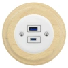 Ładowarka USB A+C 20W okrągła biała ceramiczna podtynkowa z ramką drewnianą jasną - Ceramic Loft
