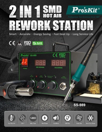 Stacja lutownicza hotair 700W 24L/min + lutownica grotowa 60W Proskit SS-989B