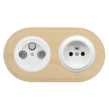 Gniazdo TV/SAT + Gniazdo elektryczne okrągłe białe z ramką podwójną jasne drewno, montaż podtynkowy, Ceramic Loft