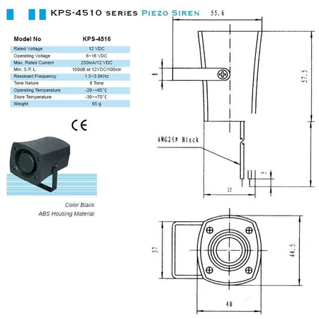Syrena elektroniczna KPS 4516, 100 dB, 12 V, 250 mA, dźwięk ciągły, sześciotonowy