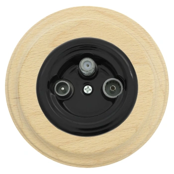 Gniazdo TV/SAT okrągłe czarne z ramką jasne drewno, montaż podtynkowy, Ceramic Loft