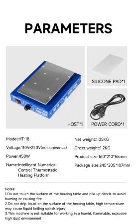 Stół grzewczy HT-18, 450 W, termostat, do podgrzewania PCB, Mechanic
