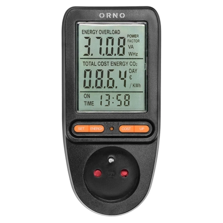 Watomierz gniazdkowy WAT-435, licznik energii z pomiarem kosztu, 16 A, czarny, ORNO