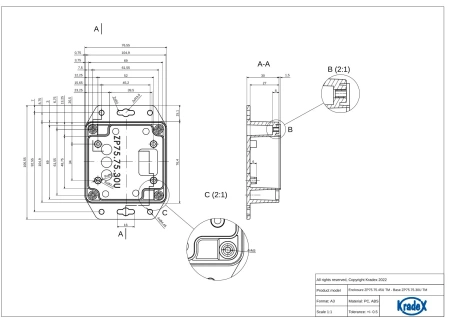 Obudowa hermetyczna ZP75.75.45UJH, 75 × 76 × 45 mm, ABS, jasnoszara, z uchem, Kradex