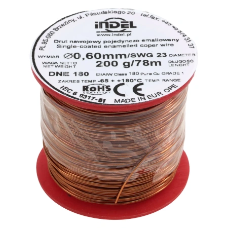 Drut nawojowy emaliowany 0,60 mm, DNE 180, miedź, szpulka 200 g, ok. 78 m
