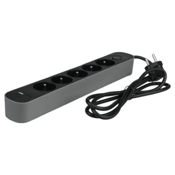 Listwa zasilająca 5 gniazd z USB-A i USB-C FMP5215G DPM, z wyłącznikiem, przewód 1,5 m, czarno-szara