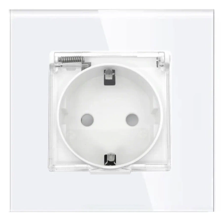 Gniazdo elektryczne Schuko IP44 z klapką - szklana ramka - białe - Tawoia Glass