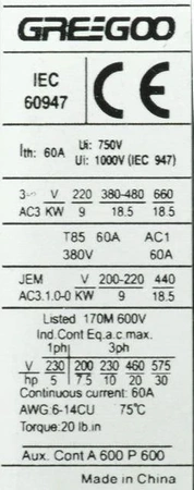 Stycznik GLC1-DN3811, cewka 230VAC, AC-3 38A/440V, AC-1 60A/440V, 3NO+1NO/NC, Gregoo