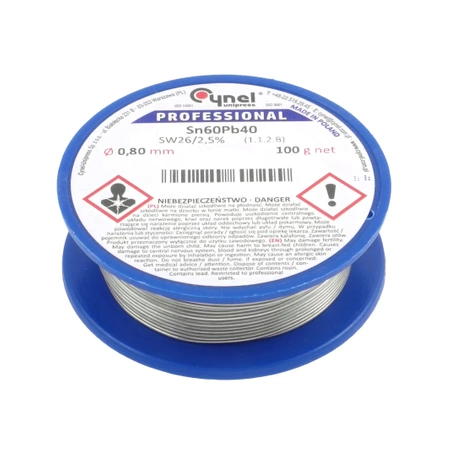 Cyna lutownicza z topnikiem SW26 - 0.8mm - spoiwo Sn60Pb40 Cynel 100g