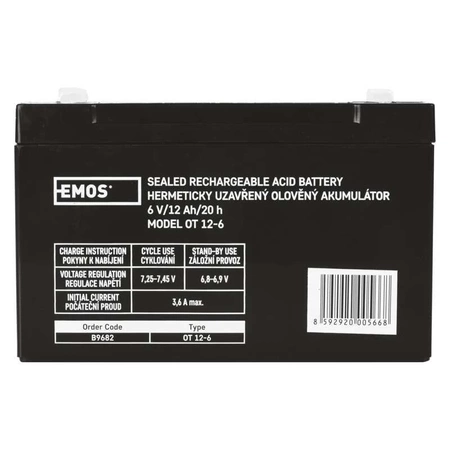 Akumulator AGM bezobsługowy, 6 V, 12 Ah, 151 × 51 × 94 mm, 1,8 kg, EMOS B9682