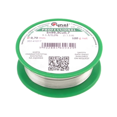 Cyna lutownicza bezołowiowa - spoiwo Sn99,3Cu0,7 - topnik 1.1.3 - 0,70mm - Cynel 100g