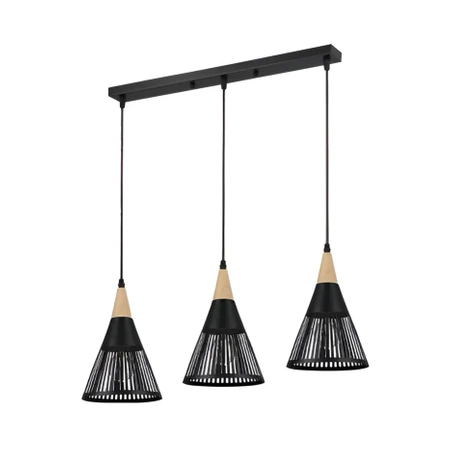 Lampa sufitowa HIRA liniowa, oprawa 3x E27, żyrandol w stylu LOFT, kolor czarny + drewno