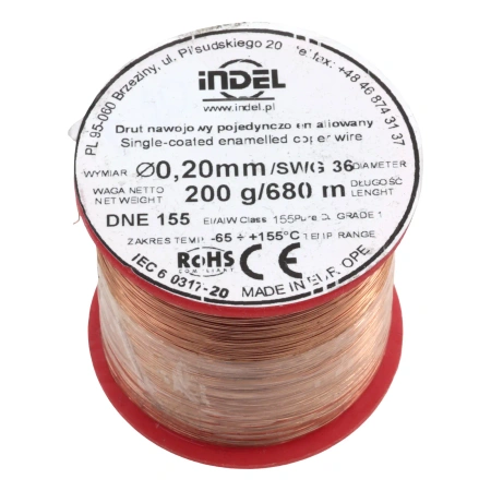 Drut nawojowy emaliowany 0,20 mm, DNE 155, miedź, szpulka 200 g, ok. 680 m