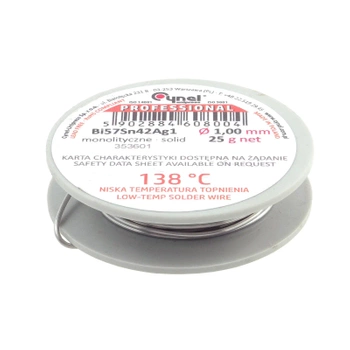 Cyna lutownicza niskotopliwa Bi57Sn42Ag1 bez topnika, 138°C, średnica 1 mm, szpula 25 g, Cynel