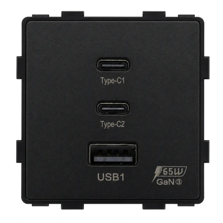 Ładowarka USB A + 2xC 65W GaN czarna podtynkowa (moduł bez ramki) - TAWOIA Glass