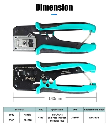 Zaciskarka RJ45 do wtyków przelotowych 8 pin kat.5, Proskit CP-342