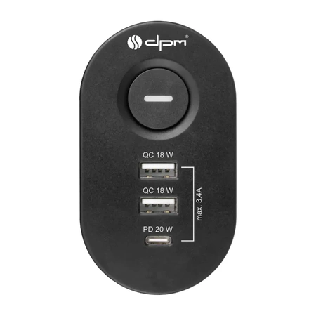 Listwa zasilająca 3 gniazda + 3× USB, przewód 1,5 m, 16 A, 3G1,5, podblatowa, z uziemieniem, czarna, DPM