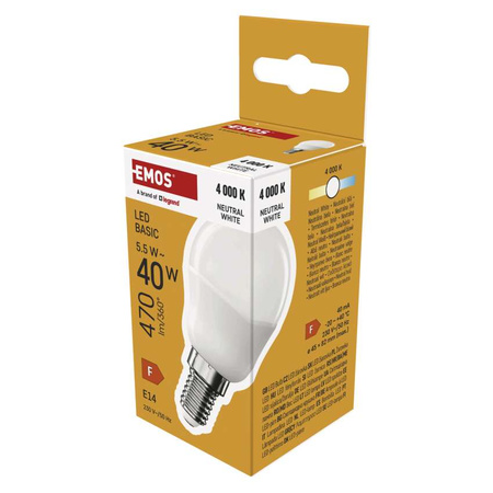 Żarówka LED E14 kulka Mini Globe, 5,5 W, odpowiednik 40 W, neutralna biel, 470 lm, EMOS ZAR-E-ZL1F23