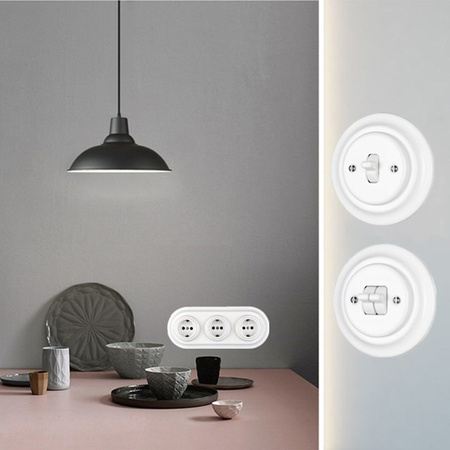 Włącznik światła krzyżowy kołyskowy ceramiczny, okrągły podtynkowy biały Ceramic Loft