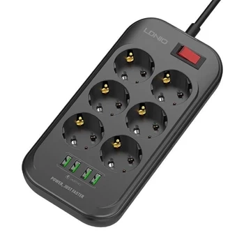 Listwa zasilająca 6 gniazd + 4× USB, przewód 2 m, 10 A, z włącznikiem, czarna, LDNIO