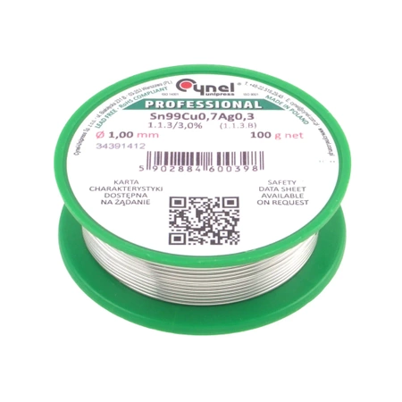 Cyna lutownicza bezołowiowa - spoiwo Sn99Cu0,7Ag0,3 - topnik 1.1.3 - 1mm - Cynel 100g
