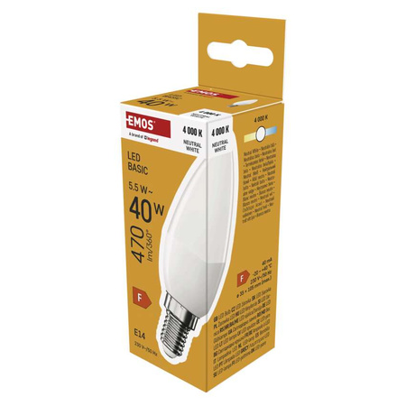Żarówka LED E14 świeczka, 5,5 W, odpowiednik 40 W, neutralna biel, 470 lm, EMOS ZAR-E-ZL3F23