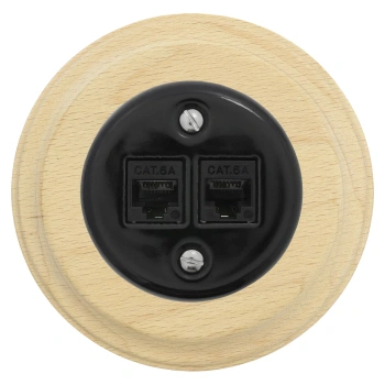 Gniazdo Ethernet Cat.6 x2 okrągłe czarne ceramiczne podtynkowe z ramką drewnianą jasną - Ceramic Loft