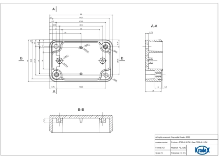 Obudowa hermetyczna ZP60.40.30JPH, 40 × 60 × 30 mm, ABS+PC, jasnoszara, z przezroczystym wieczkiem, Kradex