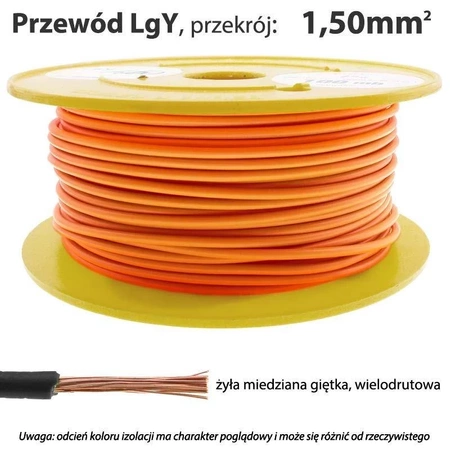Przewód instalacyjny miedziany jednożyłowy LgY 1,50 mm2, linka giętka, pomarańczowy
