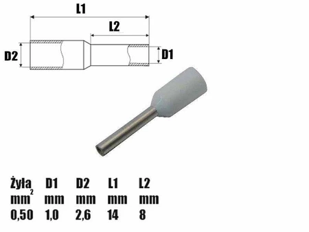 Tulejka izolowana 8mm, na przewód 0.5mm2