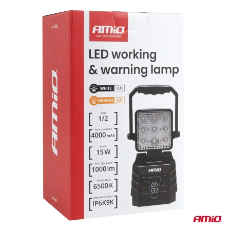 Lampa robocza przenośna biała bateryjna z funkcją lampy ostrzegawczej IP6K9K 15W AMIO 04865
