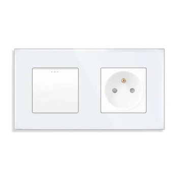 Włącznik światła + gniazdo elektryczne z ramką szklaną podwójną, biały TAWOIA Glass