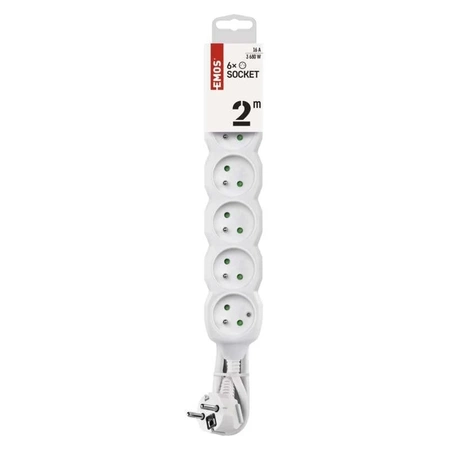 Przedłużacz sieciowy 2m, 6 gniazd z uziemieniem, 10A, biały, 1mm2, 2300W, EMOS P0612