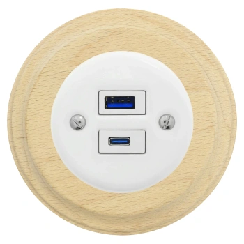 Ładowarka USB A+C 20W okrągła biała ceramiczna podtynkowa z ramką drewnianą jasną - Ceramic Loft