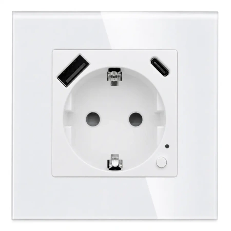 Gniazdo elektryczne Schuko z USB A+C 20W z pomiarem energii (watomierz) ZigBee białe podtynkowe z ramką szklaną - TAWOIA Glass
