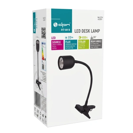 Lampka LED z klipsem czarna, 4 W, 320 lm, 4000 K, zasilanie 230V