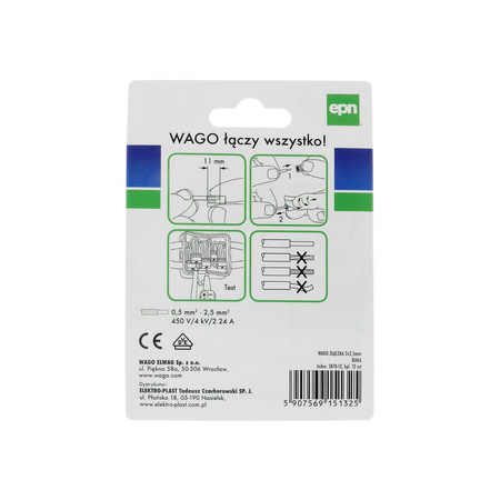 Szybkozłącze instalacyjne do przewodów jednodrutowych WAGO 2273-202 24A 450V 0.5-2.5mm2, blister 12szt.