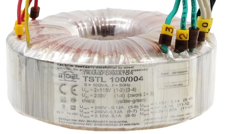 Transformator toroidalny lampowy TSTL 100/004, 100VA, 260V-0-260V + 3,15V-0-3,15V + 0-5V-6,3V, Indel