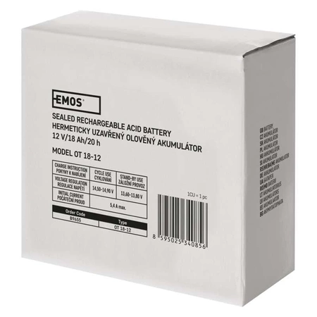 Akumulator AGM bezobsługowy, 12 V, 18 Ah, 181 × 77 × 167 mm, 4,88 kg, EMOS B9655