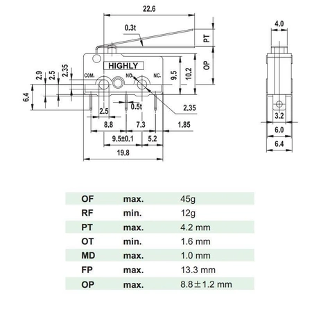 Przełącznik krańcowy ON-(ON) dźwignia 50mm, SS0503A