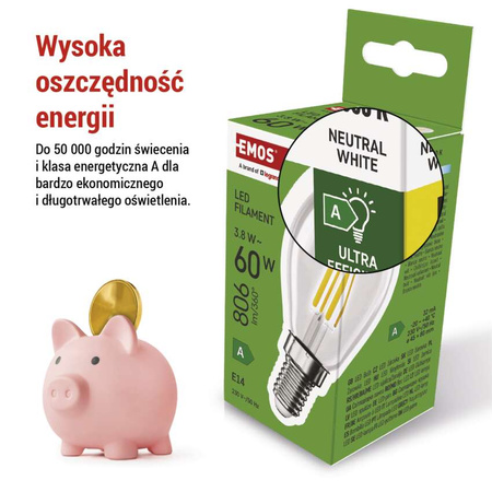 Żarówka LED E14 kulka Mini Globe, 3,8 W, odpowiednik 60 W, neutralna biel, 806 lm, filament, EMOS ZAR-E-ZF1A43