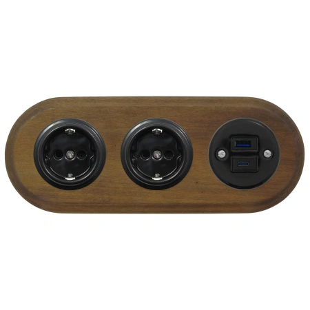 2x Gniazdko Schuko okrągłe + Gniazdko USB A+C 4A czarne z ramką potrójną ciemne drewno, montaż podtynkowy, Ceramic Loft