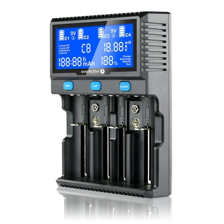 Ładowarka do 4 ogniw cylindrycznych i 2 akumulatorów 9 V, Li-ion, LiFePO4, Ni-MH, everActive UC-4200