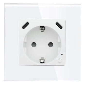 Gniazdo elektryczne Schuko z USB-C 20W z pomiarem energii (watomierz) WiFi i Bluetooth białe podtynkowe z ramką szklaną - TAWOIA Smart Home