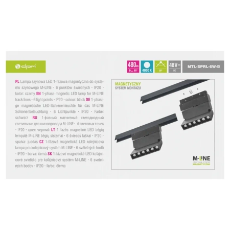 Reflektor szynowy magnetyczny liniowy regulowany 6W 480lm 4000K czarny M-LINE