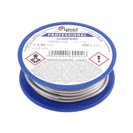 Cyna lutownicza z topnikiem SW26 - 2.5mm - spoiwo Sn60Pb40 Cynel 100g