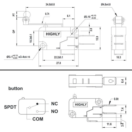 Przełącznik krańcowy ON-(ON) dźwignia 25mm z rolką, VS15N06-1C