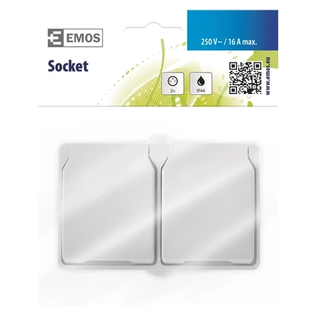 Gniazdo elektryczne podwójne bryzgoszczelne IP54 z klapką, montaż natynkowy, kolor biały, EMOS A1397.3