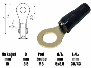 Końcówka oczkowa izolowana M8 10mm² - złocona czarna - końcówka kablowa SGE